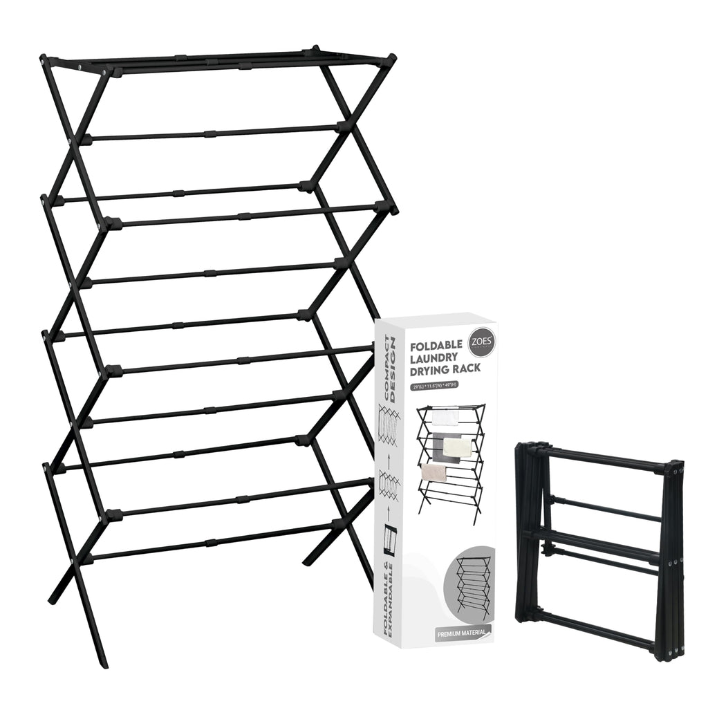 ZOES HOMEWARE 4-Tier Clothes Drying Rack, 4ft High Foldable Drying Rack Clothing for Indoor & Outdoor, Portable Collapsible Laundry Dryer for Laundry Room and Apartment, Black 29" L x 49" H x 11.5" W