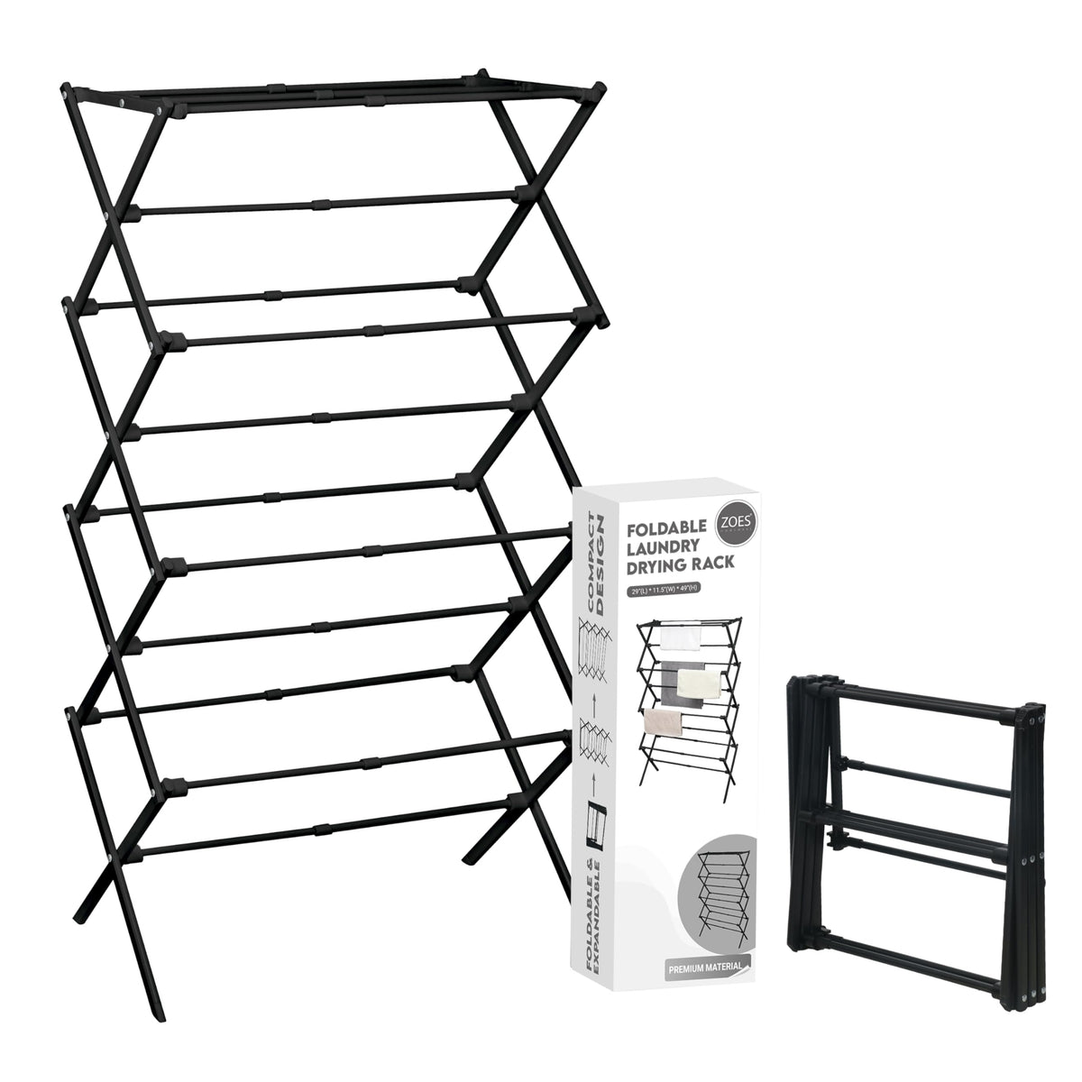 ZOES HOMEWARE 4-Tier Clothes Drying Rack, 4ft High Foldable Drying Rack Clothing for Indoor & Outdoor, Portable Collapsible Laundry Dryer for Laundry Room and Apartment, Black 29" L x 49" H x 11.5" W