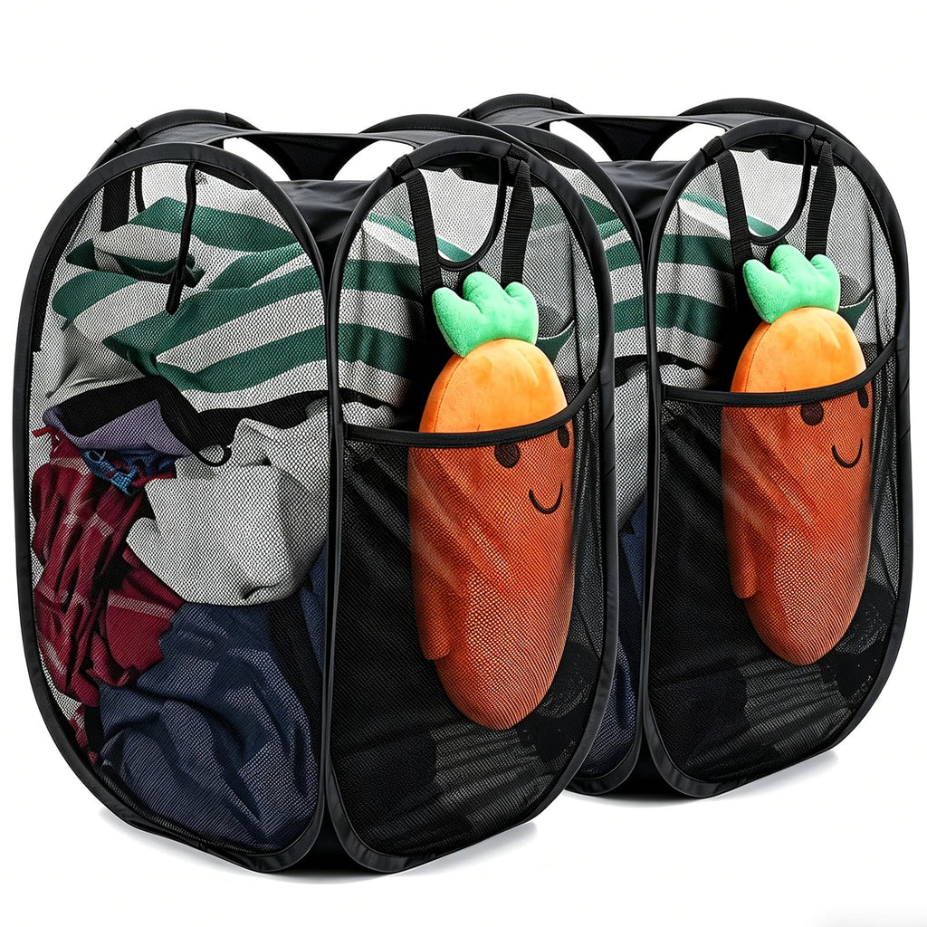 Upgraded Polyester Pop-up Laundry Hamper 2 Pack, 70L(18.5 Gal) Laundry Basket with Durable Handles Solid Bottom High Carbon Steel Frame and Side Pocket, Easy to Open Fold Flat for Storage