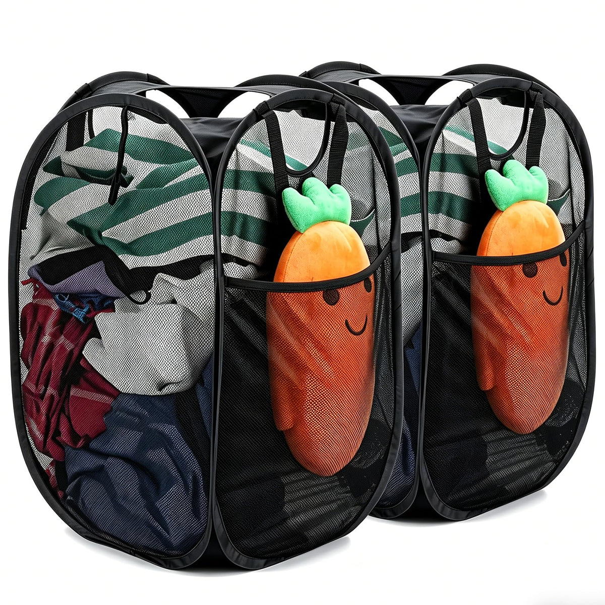 Upgraded Polyester Pop-up Laundry Hamper 2 Pack, 70L(18.5 Gal) Laundry Basket with Durable Handles Solid Bottom High Carbon Steel Frame and Side Pocket, Easy to Open Fold Flat for Storage