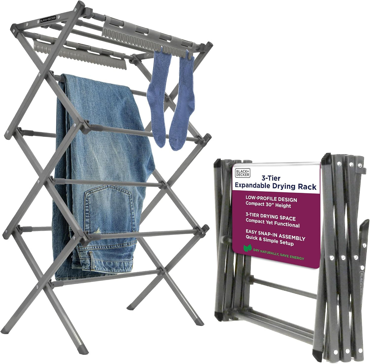 BLACK+DECKER Space Saving 3-Tier Expandable Clothes Drying Rack, Foldable Laundry Rack for Indoor Air Drying, Rust Resistant Steel, 24.6 Ft Drying Space, Grey