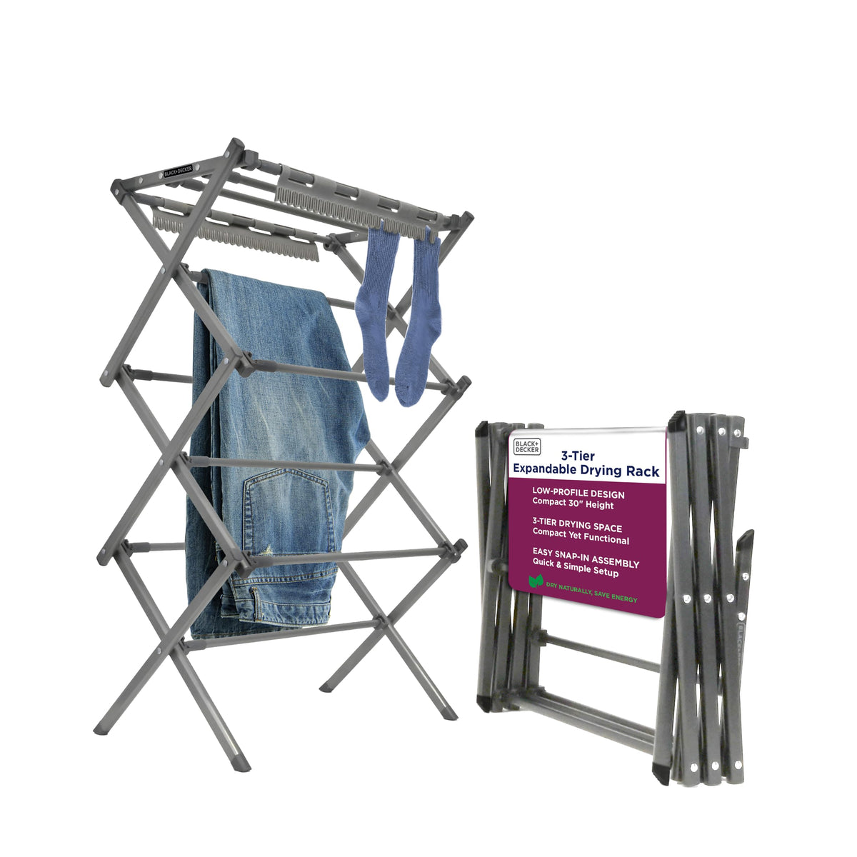 BLACK+DECKER Space Saving 3-Tier Expandable Clothes Drying Rack, Foldable Laundry Rack for Indoor Air Drying, Rust Resistant Steel, 24.6 Ft Drying Space, Grey