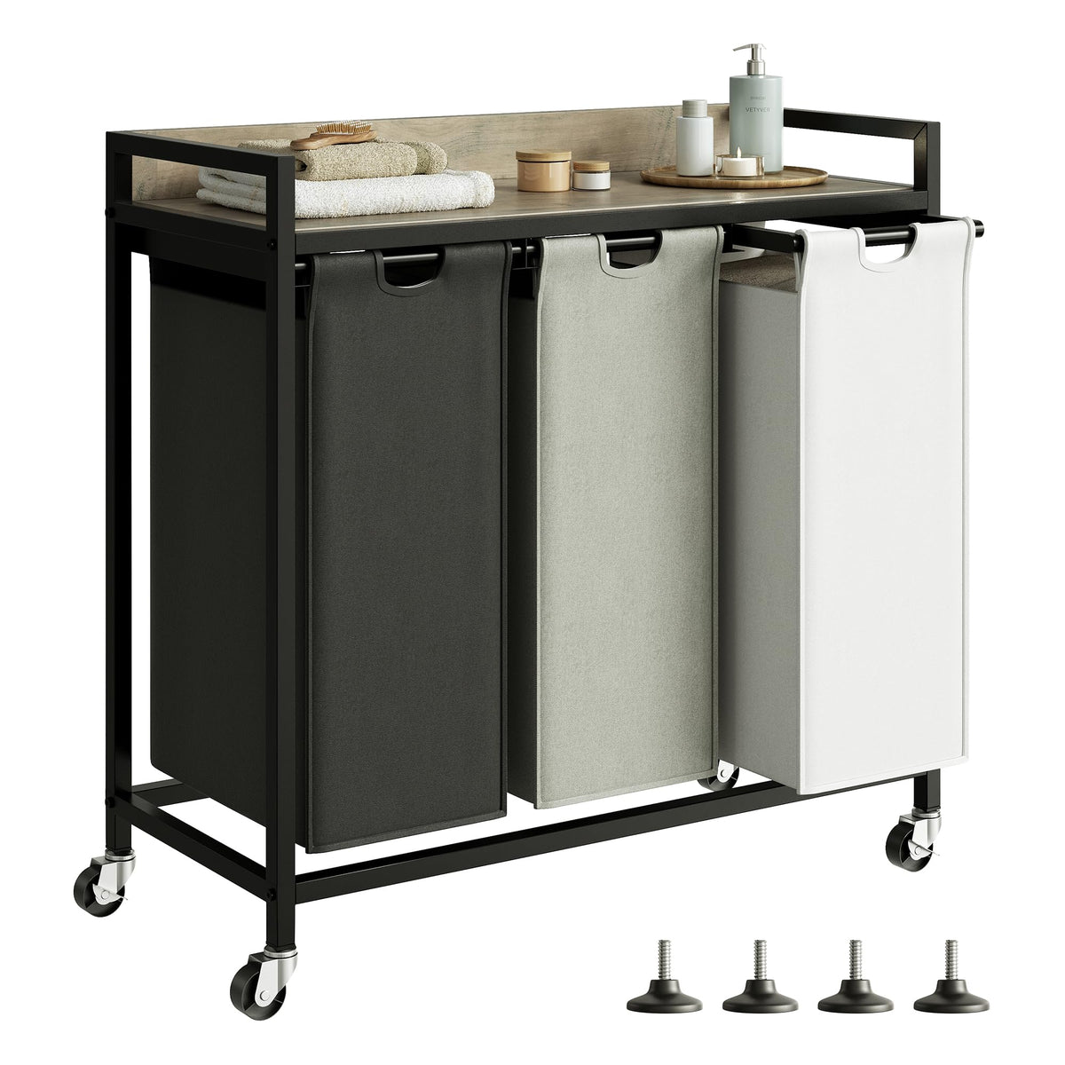 Herture Laundry Hamper with Shelf, Laundry Basket 4 Section, Laundry Sorter with Pull-Out Removable Large 4 Color Bags and Movable Wheels, Metal Frame, 4 x 15.87 Gallons (60L), Rustic Brown PF07XLN