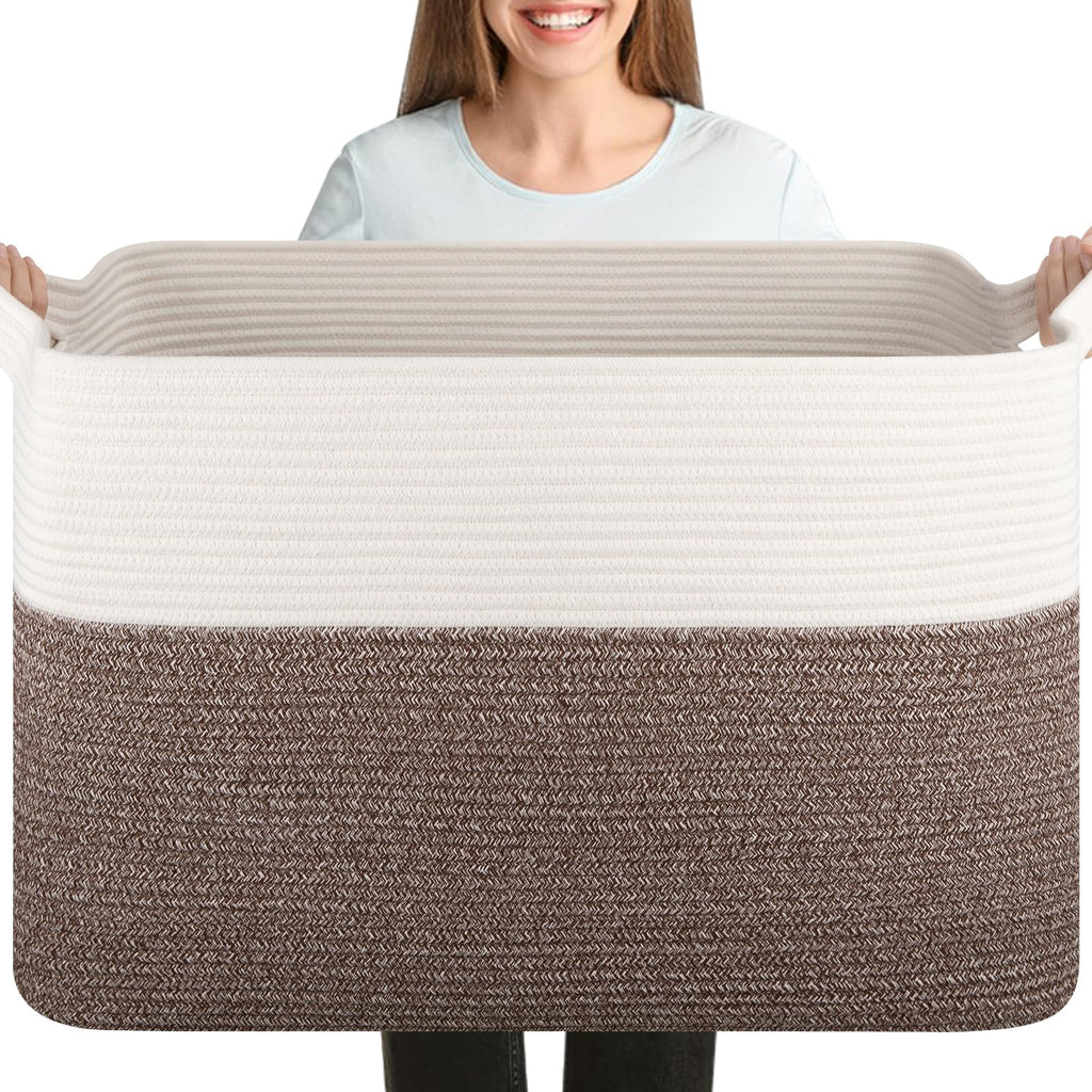 OIASKET 108L Cotton Rope Storage Basket for Living Room and Bedroom 25"x16"x16" Woven Laundry Basket, Heavy Duty Bin for Blankets, Pillows & Toys, Pet-Safe & Scratch-Free, Brown and White