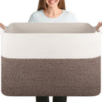 OIASKET 108L Cotton Rope Storage Basket for Living Room and Bedroom 25"x16"x16" Woven Laundry Basket, Heavy Duty Bin for Blankets, Pillows & Toys, Pet-Safe & Scratch-Free, Brown and White