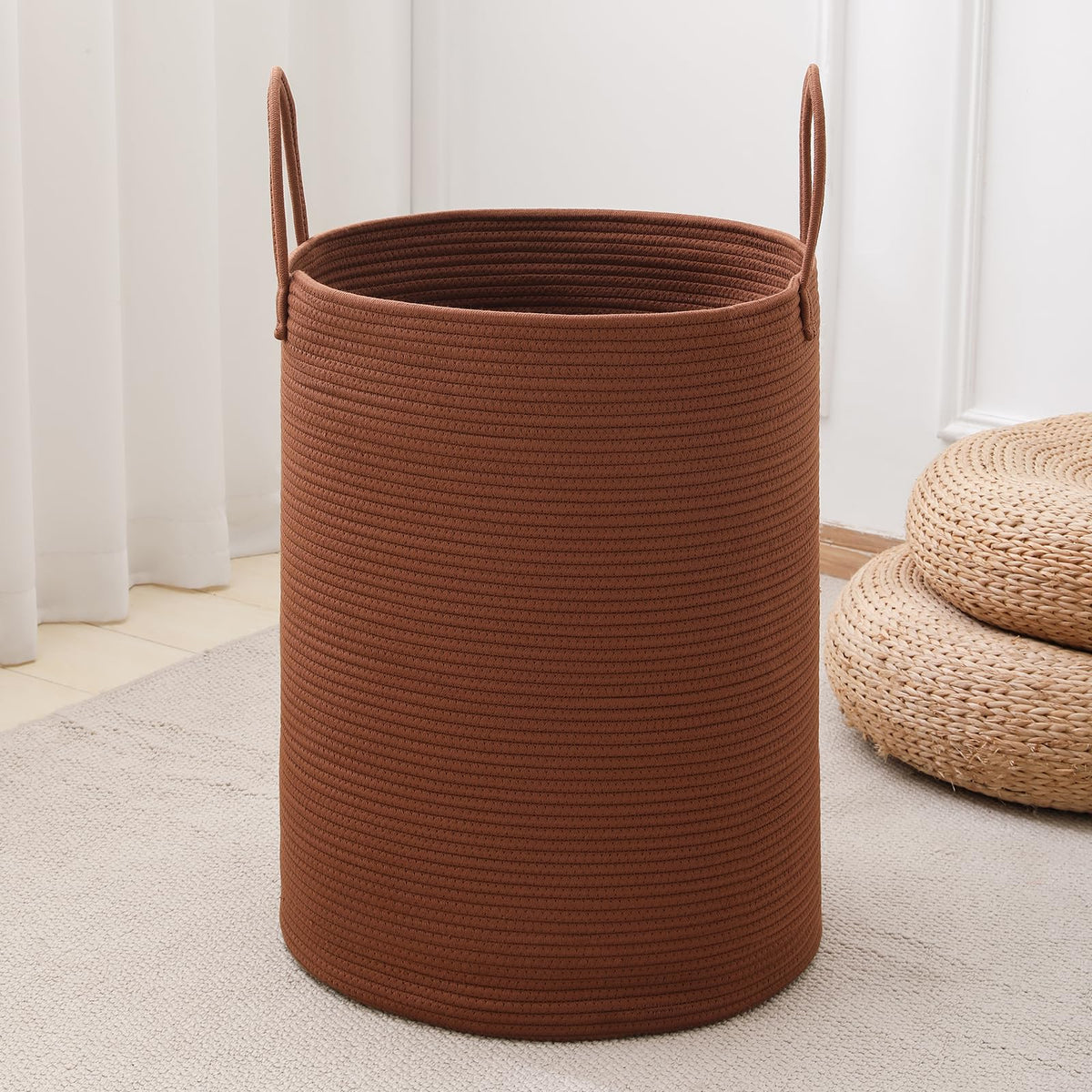 Laundry Basket Hamper Tall Rope Storage Woven for Blanket Toys Dirty Clothes in Living Room Bathroom Bedroom White & Brown 60L/15.8Gal
