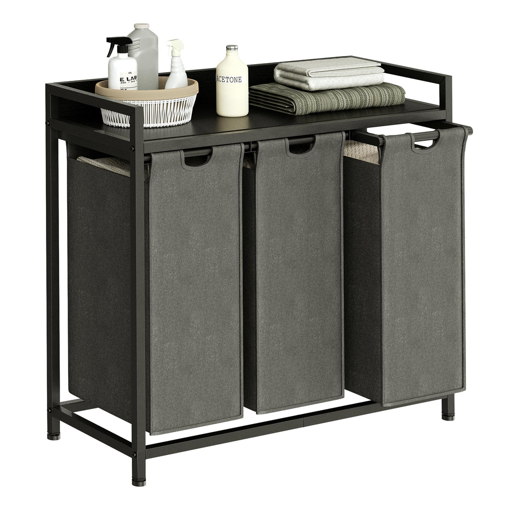 Herture Laundry Hamper with Shelf, Laundry Basket 4 Section, Laundry Sorter with Pull-Out Removable Large 4 Color Bags and Movable Wheels, Metal Frame, 4 x 15.87 Gallons (60L), Rustic Brown PF07XLN