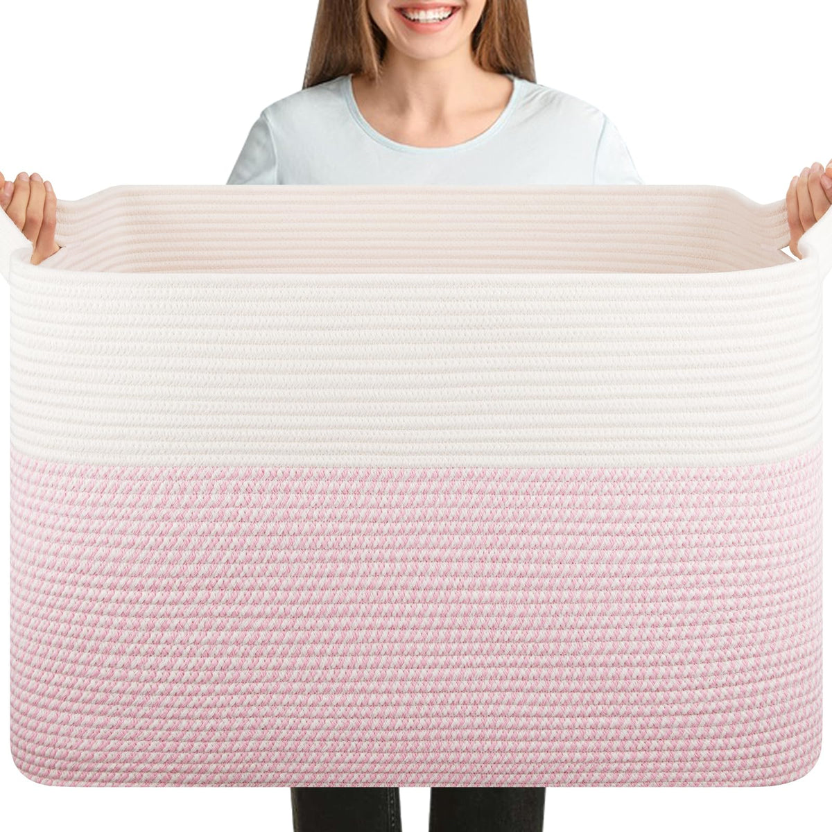 OIASKET 108L Cotton Rope Storage Basket for Living Room and Bedroom 25"x16"x16" Woven Laundry Basket, Heavy Duty Bin for Blankets, Pillows & Toys, Pet-Safe & Scratch-Free, Brown and White