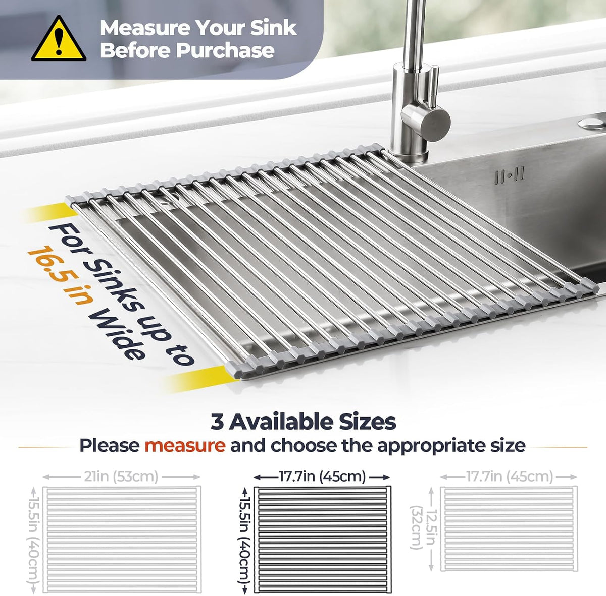 Tomorotec Roll Up Dish Drying Rack Over Sink, 304 Steel, 17.7x15.5, Grey