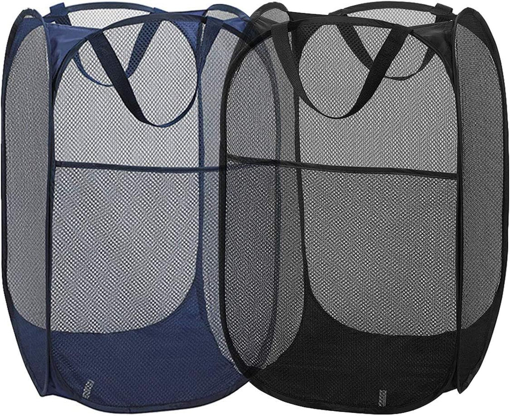 2 Packs Mesh Pop up Laundry Hamper (Black/Navy Blue) with Portable Durable Handles, Collapsible for Storage, Folding Pop-Up Clothes Hampers for Apartment, Home, College Dorm or Travel