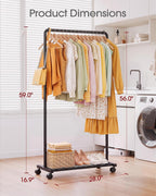 Sakugi Clothes Rack - Clothing Rack with Storage Mesh Shelf & Casters, Heavy-Duty Metal Clothing Rack for Hanging Clothes, Dresses, Coats, Large Load Capacity, Easy Assembly, Black, 28.0"x16.9"x59.0"