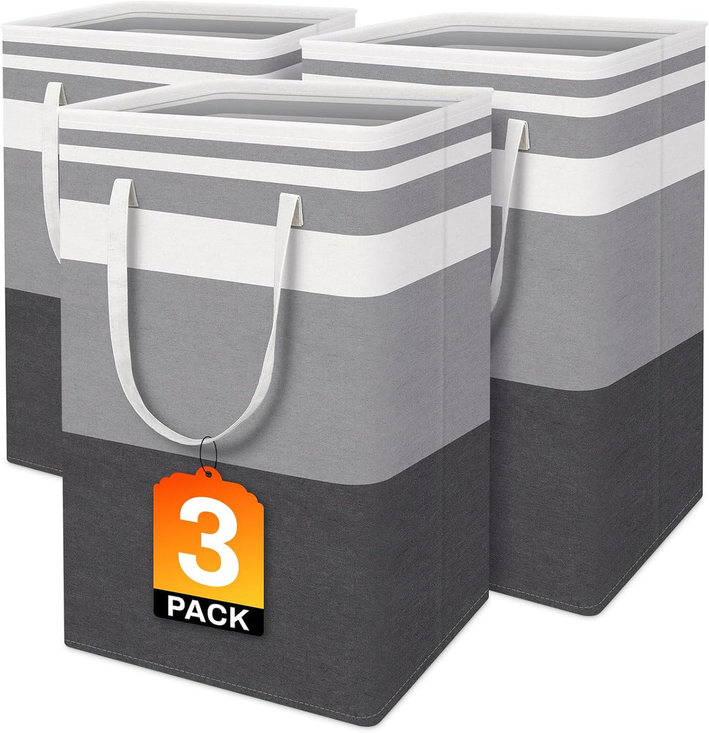 BlissTotes 3-Pack Laundry Basket, Collapsible Laundry Hamper, Grey, 75L