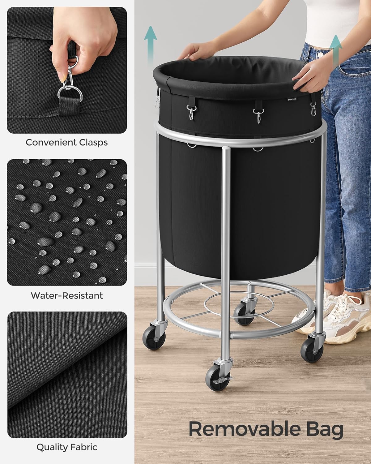 SONGMICS Laundry Basket with Wheels, 110L, Steel Frame, Removable Bag