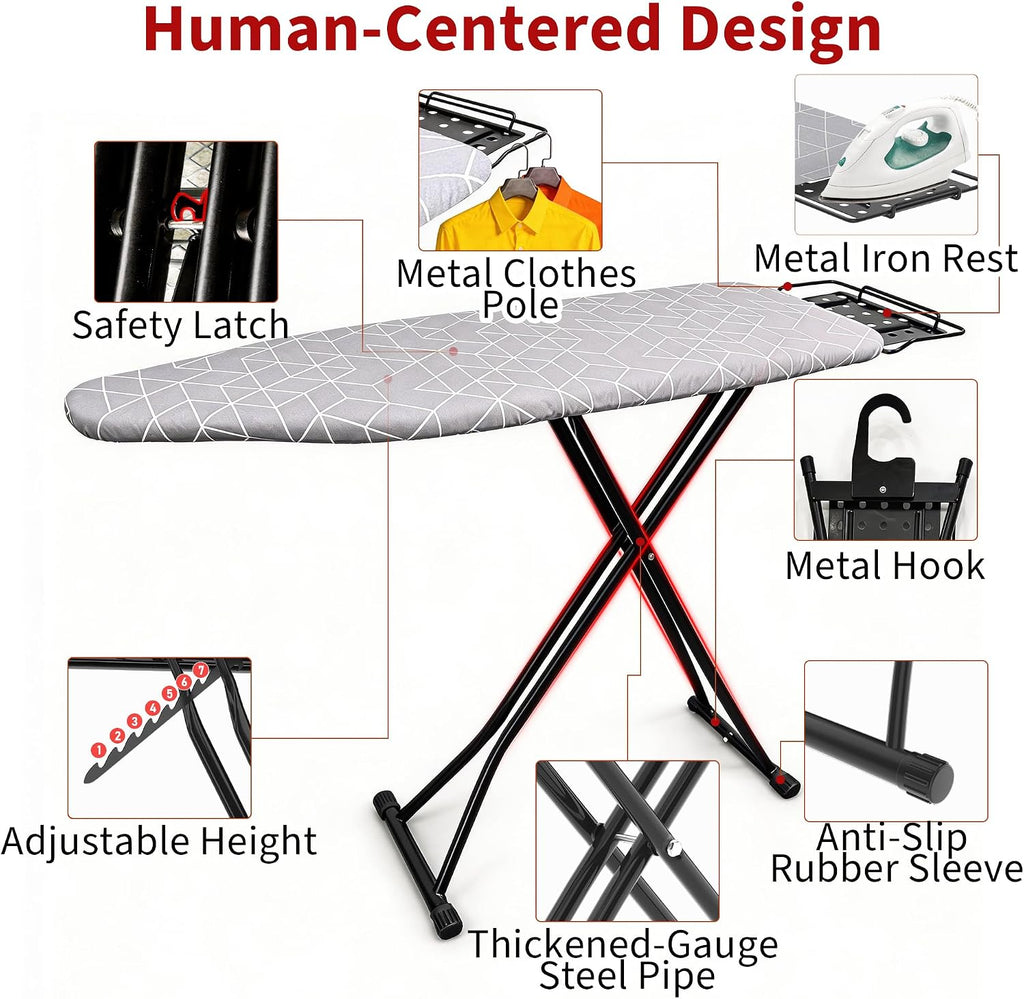 Ironing Board, 43"×13" with Iron Rest, 4 Layer & 7 Adjustable Height Sturdy