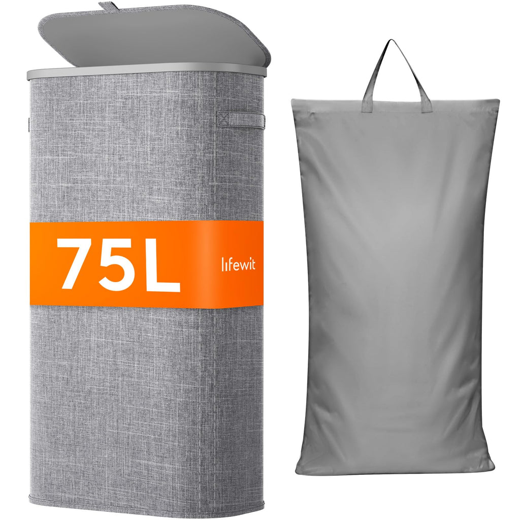 Lifewit Slim Laundry Basket with Lid and Removable Bag, 65L, Beige