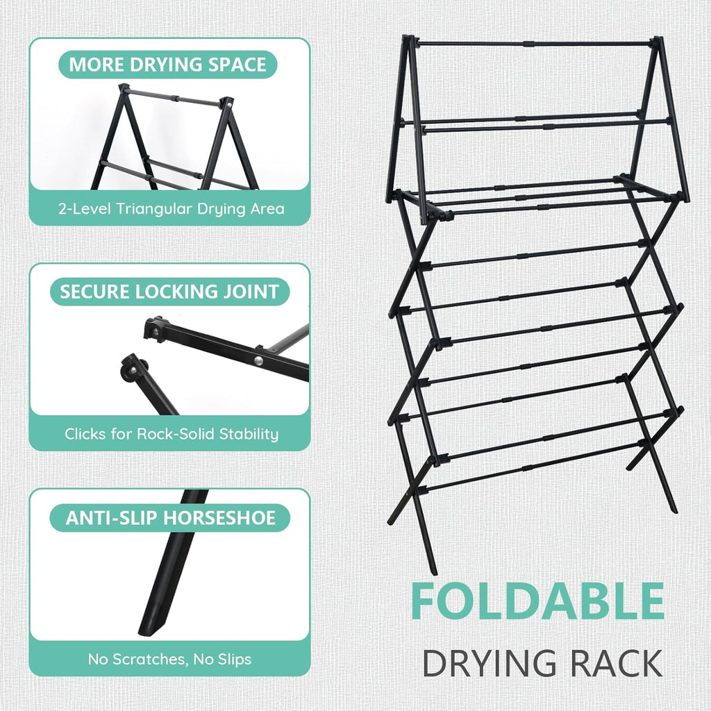 ZOES HOMEWARE 4 Tier Clothes Drying Rack Foldable | Foldable Clothing Drying Rack | Laundry Drying Rack Collapsible for Laundry Room, Dorm, Expandable Sturdy Metal Design | Black 29"L x 11.5"W x 53"H