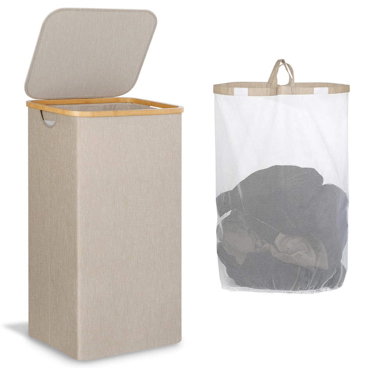 IEGrow Laundry Hamper with Lid,110L Laundry Basket with Mesh Bags,Black