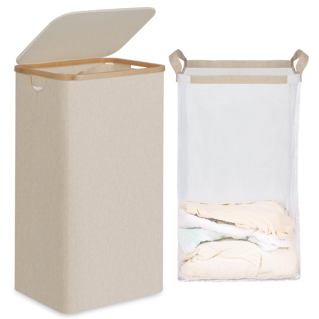 efluky Slim Laundry Basket with Lid, Narrow Laundry Hamper with Removable Bag, Skinny Dirty Clothes Basket with Bamboo Handles for Bathroom, Bedroom & Laundry Room, 75L Beige