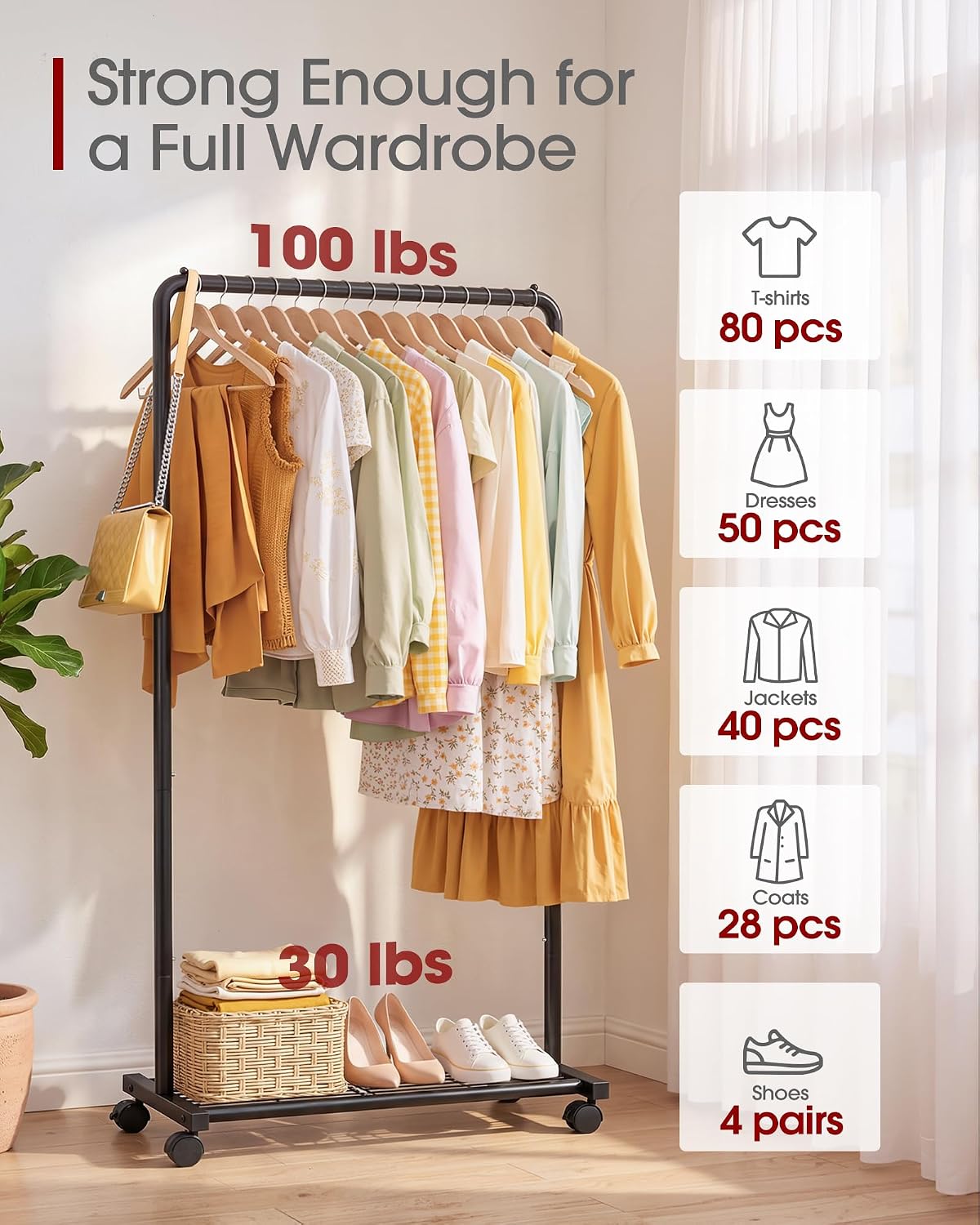 Sakugi Clothes Rack - Clothing Rack with Storage Mesh Shelf & Casters, Heavy-Duty Metal Clothing Rack for Hanging Clothes, Dresses, Coats, Large Load Capacity, Easy Assembly, Black, 28.0"x16.9"x59.0"