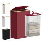 efluky Slim Laundry Basket with Lid, Narrow Laundry Hamper with Removable Bag, Skinny Dirty Clothes Basket with Bamboo Handles for Bathroom, Bedroom & Laundry Room, 75L Beige