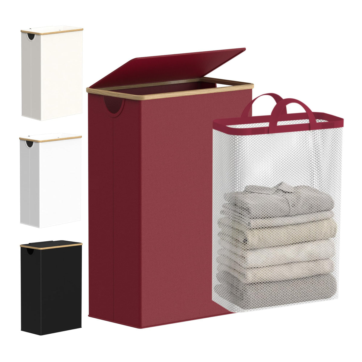 efluky Slim Laundry Basket with Lid, Narrow Laundry Hamper with Removable Bag, Skinny Dirty Clothes Basket with Bamboo Handles for Bathroom, Bedroom & Laundry Room, 75L Beige