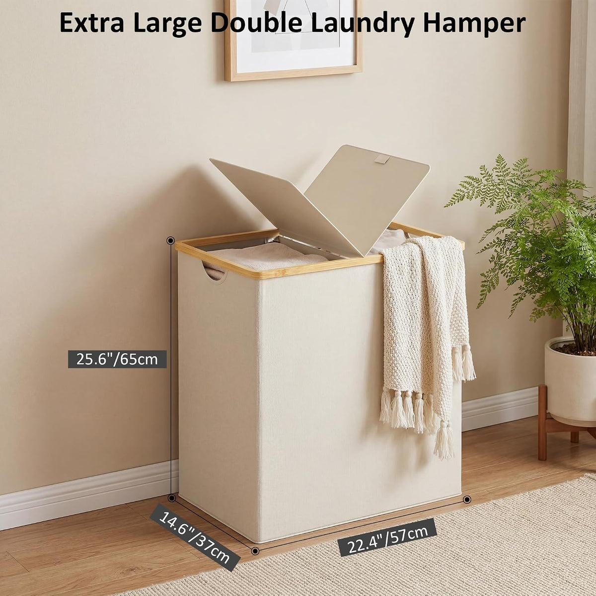 efluky Double Laundry Hamper with Lid and 2 Removable Bags, Beige