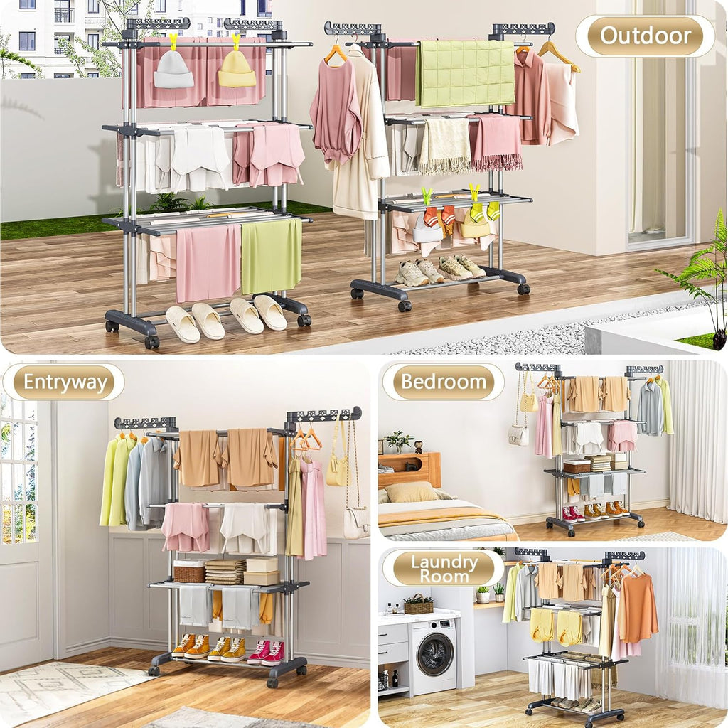 Upgraded 4-Tier Clothes Drying Rack, Drying Rack Clothing with Wheels