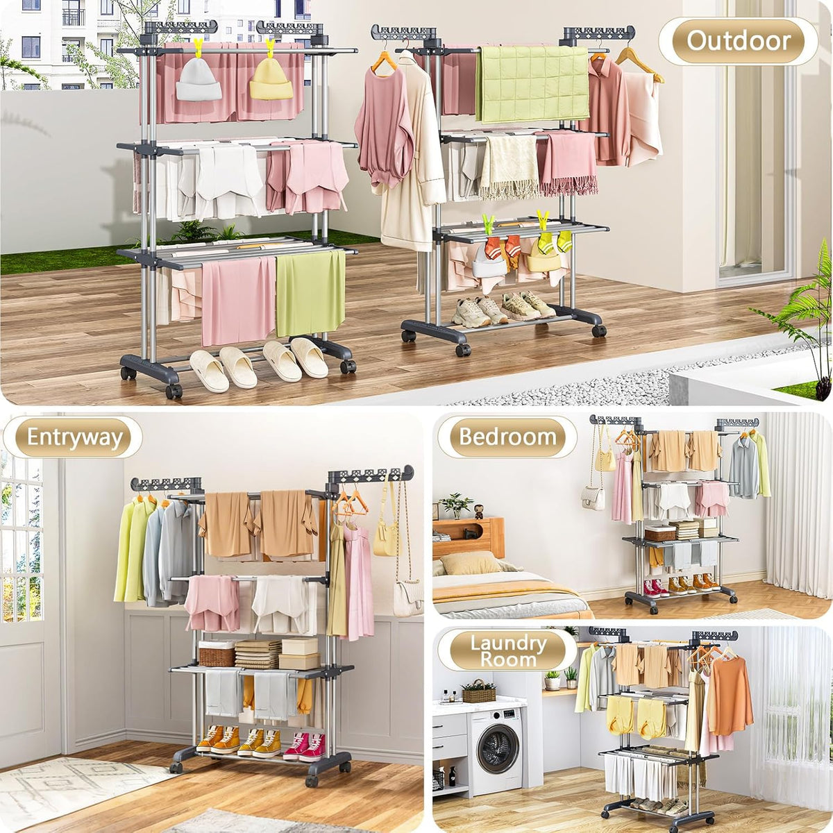 Upgraded 4-Tier Clothes Drying Rack, Drying Rack Clothing with Wheels