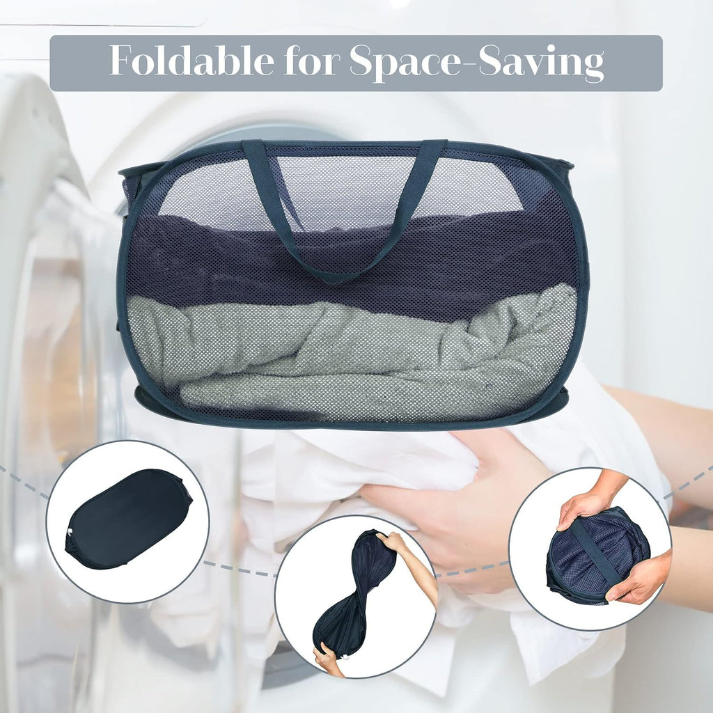Durable Collapsible Laundry Baskets, Mesh Pop Up Laundry Hamper with Side Pocket, Foldable Clothes Hamper with Reinforced Carry Handles for Laundry, Bathroom, Kids Room, Dorm, Travel 2 Pack Navy Blue