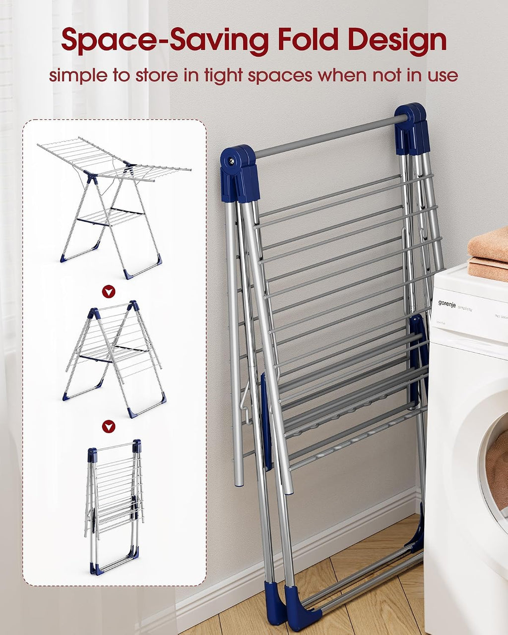 Sakugi Clothes Drying Rack, 55.5" Adjustable Wings, Foldable Design