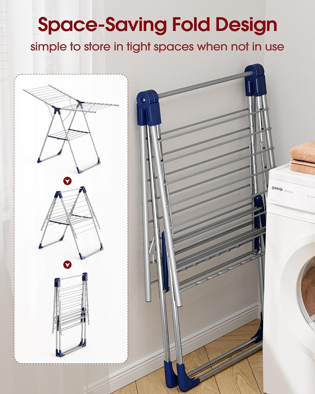 Sakugi Clothes Drying Rack, 55.5" Adjustable Wings, Foldable Design