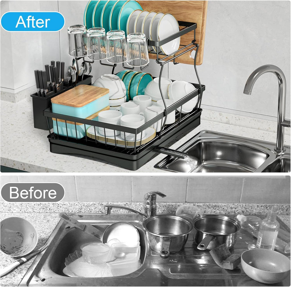 7 code 2-Tier Large Dish Drying Rack for Kitchen Counter, Black