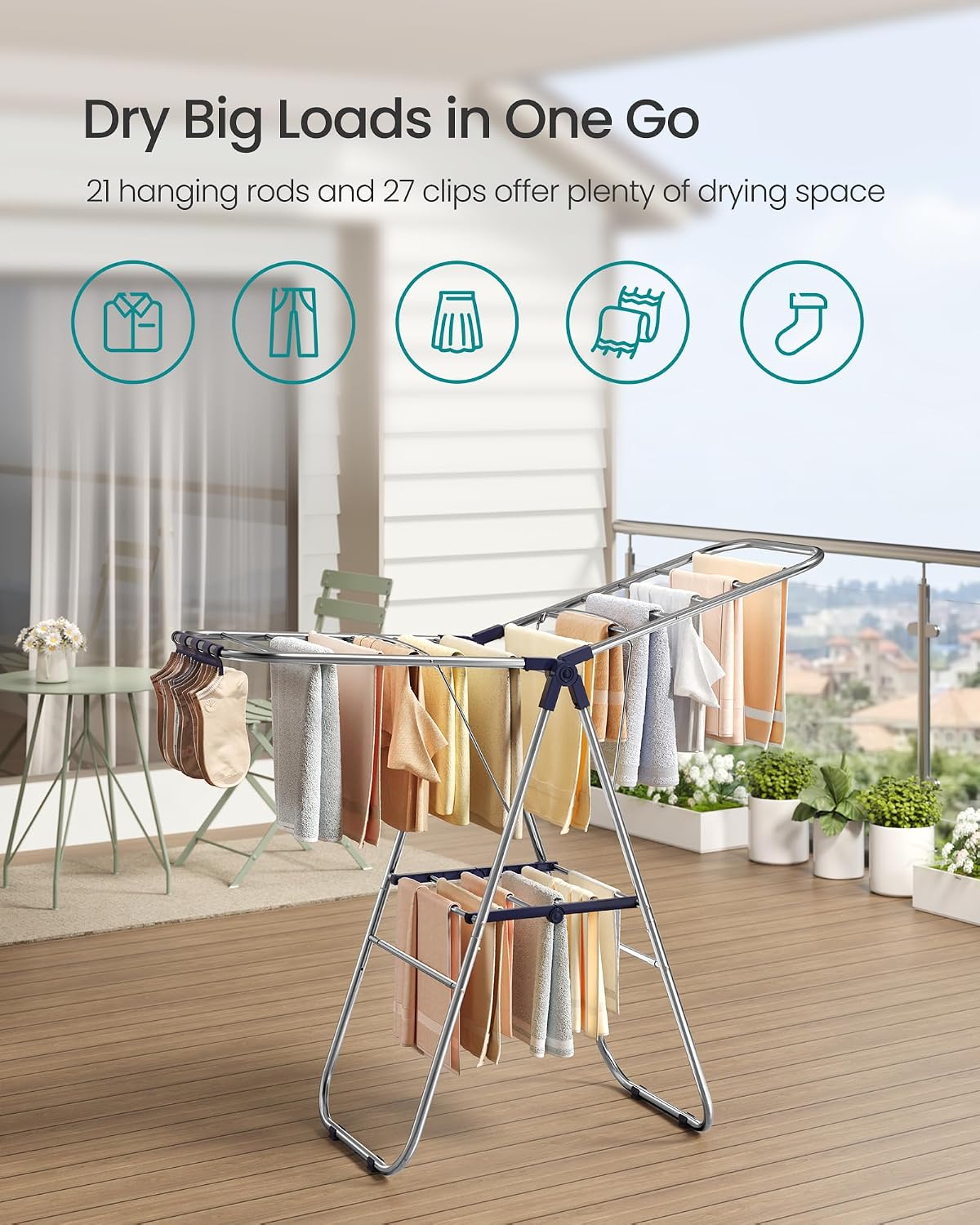 SONGMICS Clothes Drying Rack, Foldable Metal Airer, 17 x 51.2 x 39 Inches