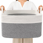 65L Laundry Basket with Handles, Woven Blanket Basket, White/Brown