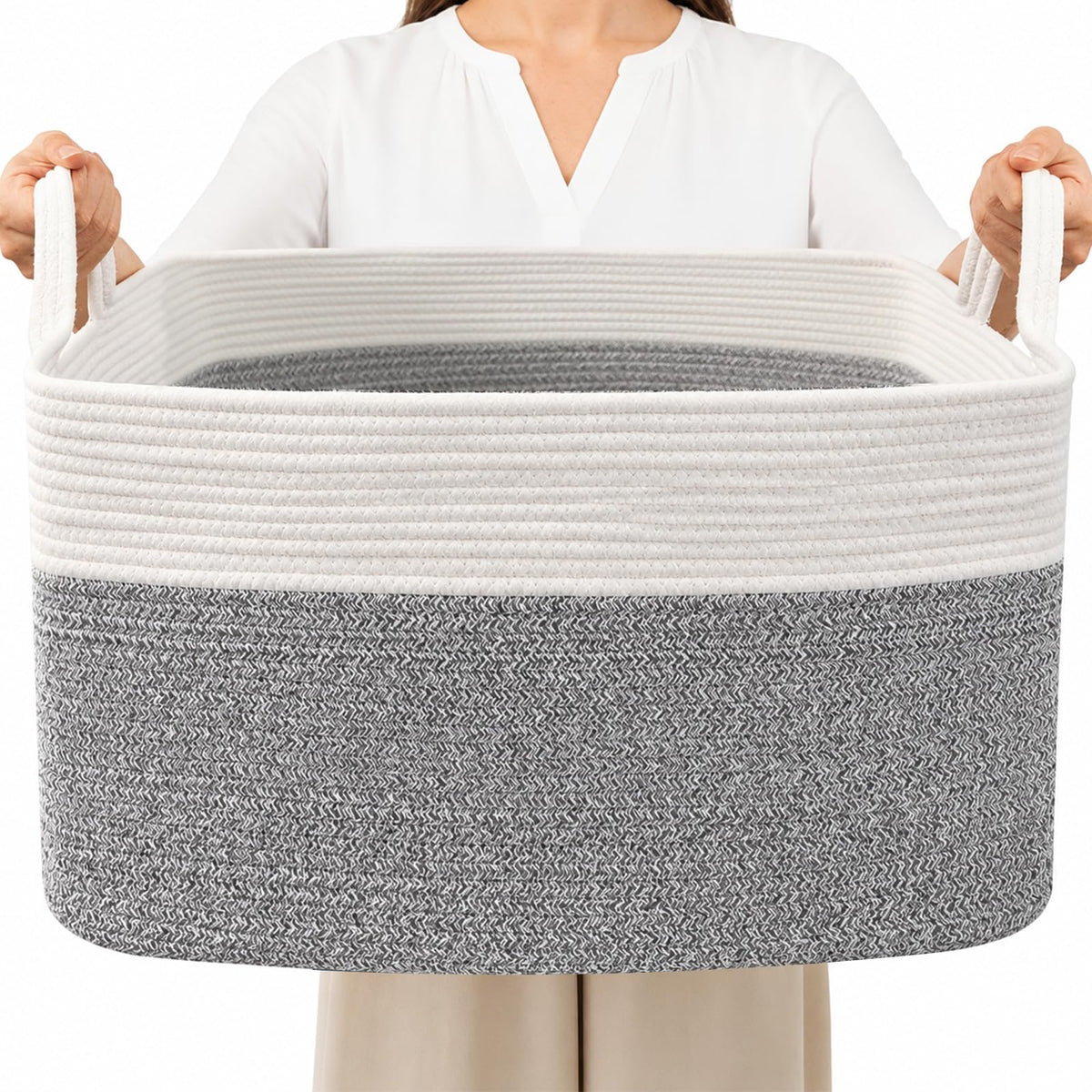 65L Laundry Basket with Handles, Woven Blanket Basket, White/Brown