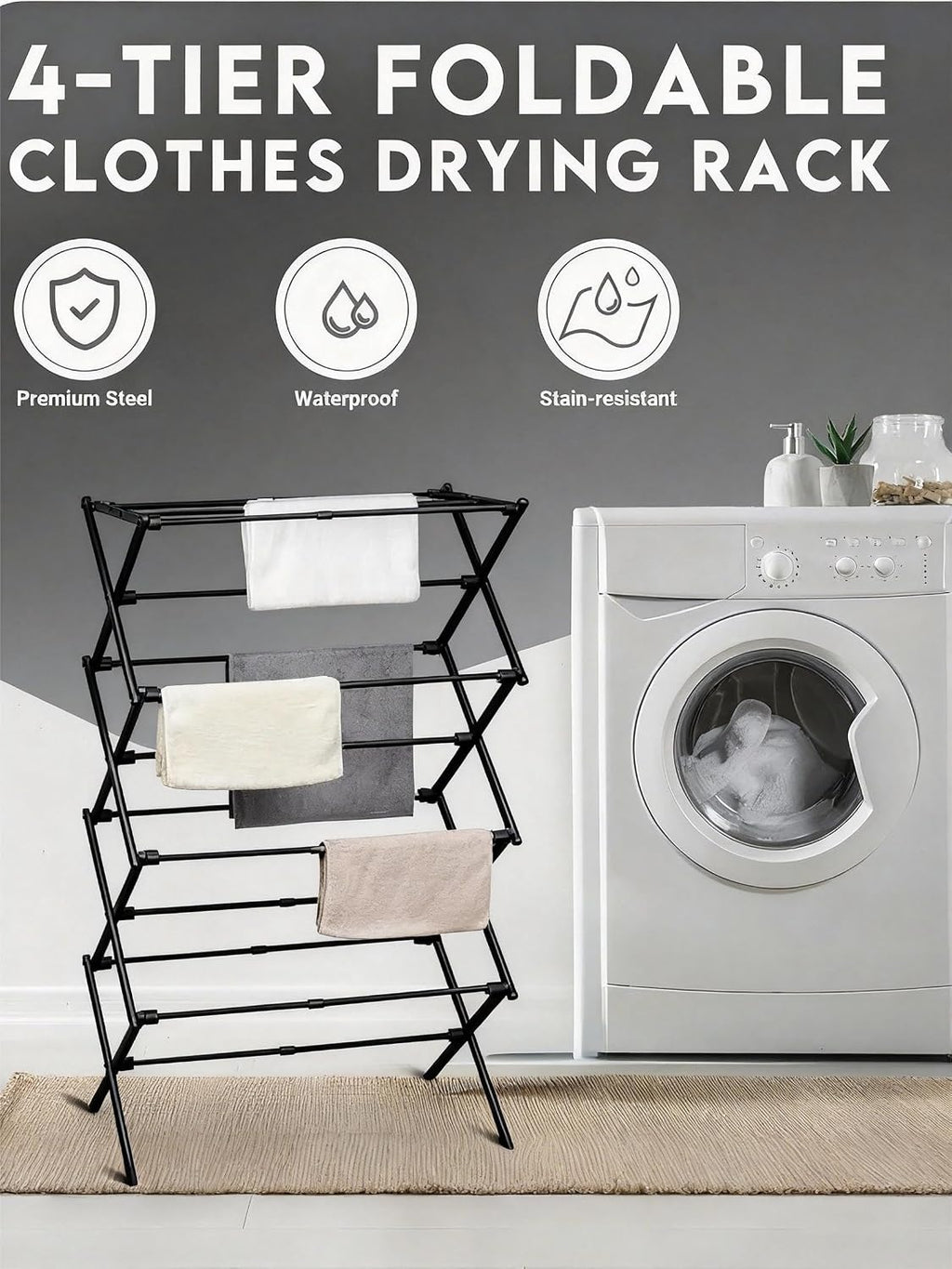 ZOES HOMEWARE 4-Tier Clothes Drying Rack, 4ft High Foldable Drying Rack Clothing for Indoor & Outdoor, Portable Collapsible Laundry Dryer for Laundry Room and Apartment, Black 29" L x 49" H x 11.5" W