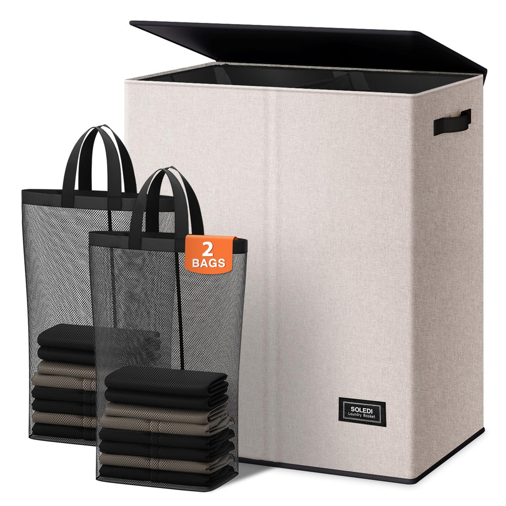 SOLEDI Luxury Double Laundry Hamper with Lid and Removable Bags, 38.3 Gal Large Laundry Bin, Laundry Basket 2 Sections, Collapsible Clothes Hamper for Bedroom, Laundry Room, Bathroom, Off-white