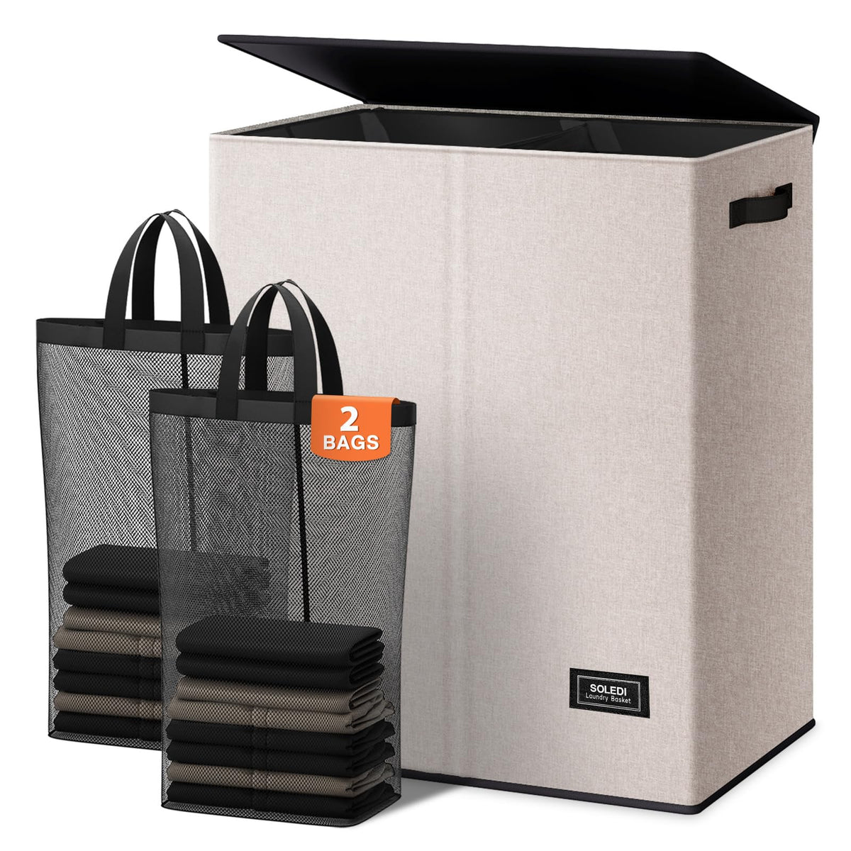 SOLEDI Luxury Double Laundry Hamper with Lid and Removable Bags, 38.3 Gal Large Laundry Bin, Laundry Basket 2 Sections, Collapsible Clothes Hamper for Bedroom, Laundry Room, Bathroom, Off-white