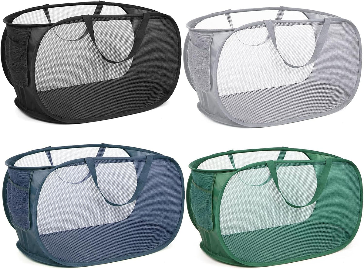 4 Pack Durable Collapsible Laundry Baskets, Mesh Foldable Laundry Basket, Pop Up Laundry Hamper with Pocket, Clothes Hamper with Reinforced Handles for Laundry, Bathroom, Kids Room, Dorm or Travel