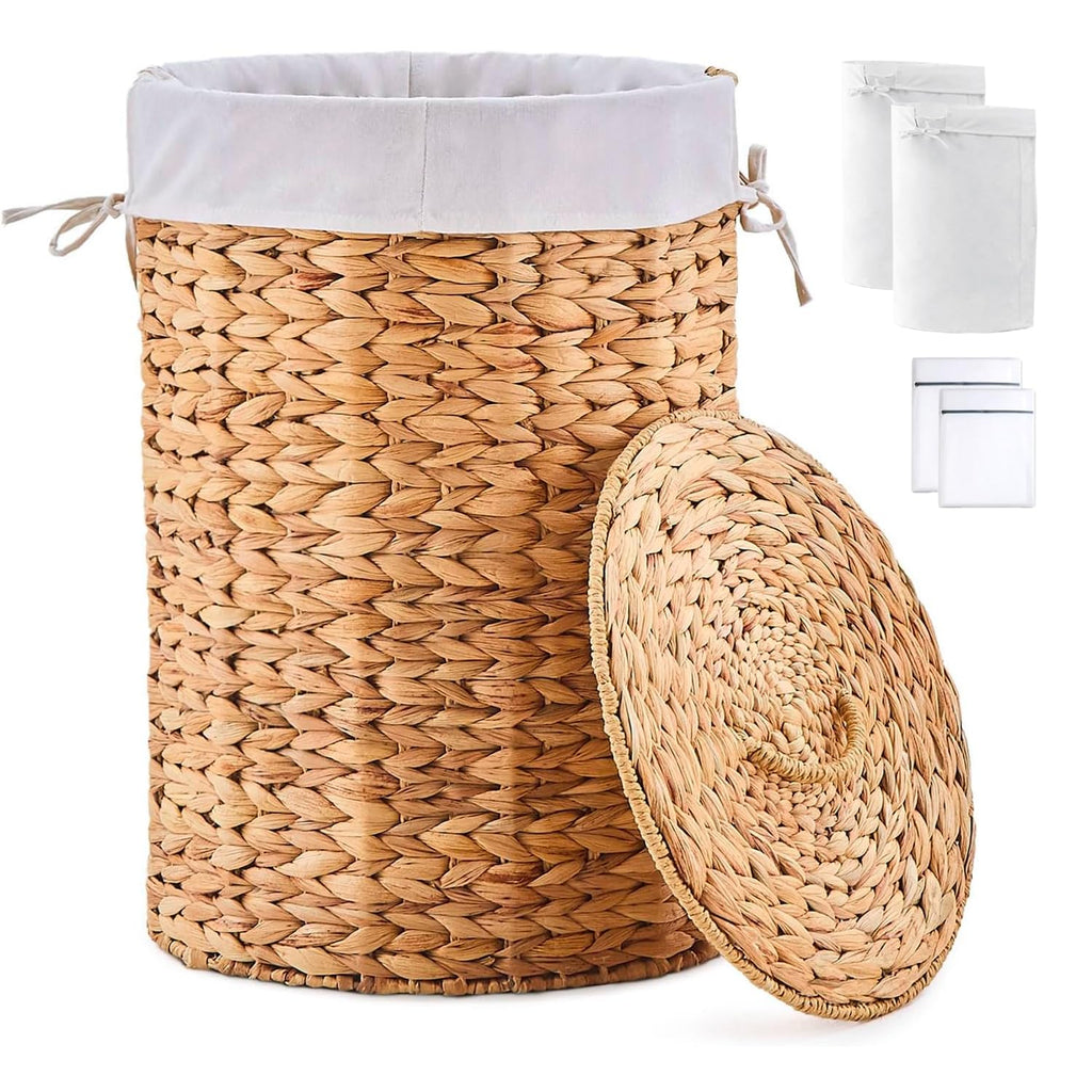 Round Water Hyacinth Laundry Hamper with Lid Handwoven Wicker Basket with Handles for Dirty Clothes, Storage, and Organization Ideal for Bedroom, Bathroom, and Laundry Room, No Assembly Required, 60L