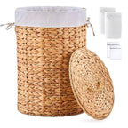 Round Water Hyacinth Laundry Hamper with Lid Handwoven Wicker Basket with Handles for Dirty Clothes, Storage, and Organization Ideal for Bedroom, Bathroom, and Laundry Room, No Assembly Required, 60L