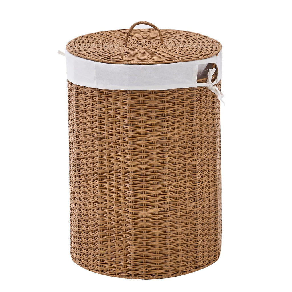 Round Water Hyacinth Laundry Hamper with Lid Handwoven Wicker Basket with Handles for Dirty Clothes, Storage, and Organization Ideal for Bedroom, Bathroom, and Laundry Room, No Assembly Required, 60L