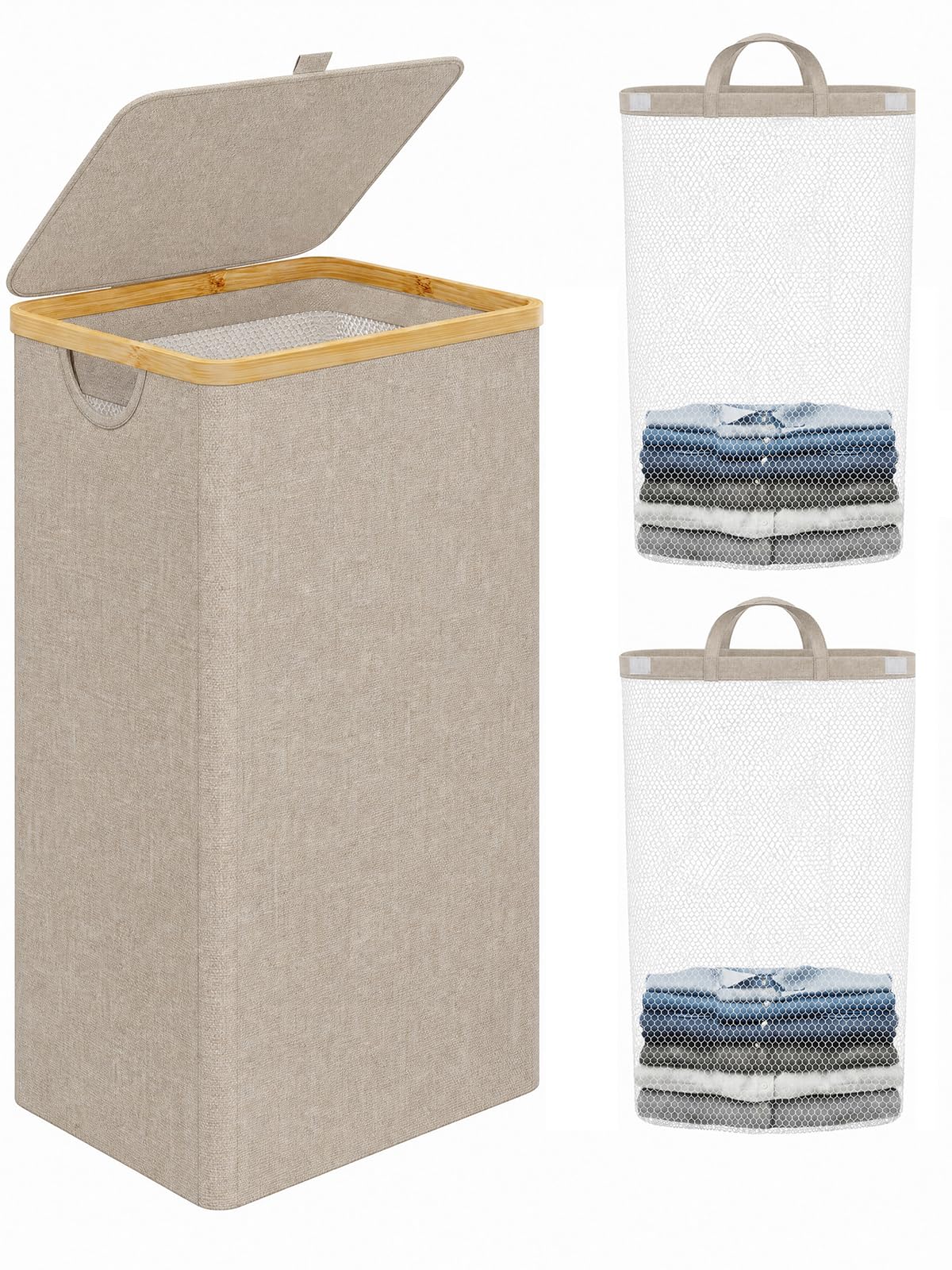 IEGrow Laundry Hamper with Lid,110L Laundry Basket with Mesh Bags,Black
