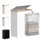 efluky Slim Laundry Basket with Lid, Narrow Laundry Hamper with Removable Bag, Skinny Dirty Clothes Basket with Bamboo Handles for Bathroom, Bedroom & Laundry Room, 75L Beige