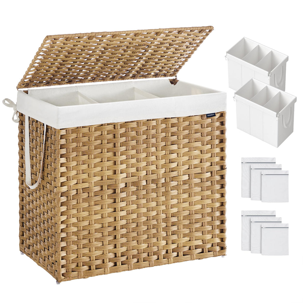 SONGMICS Laundry Hamper with Lid, 130L Double Wicker Basket, 6 Mesh Bags