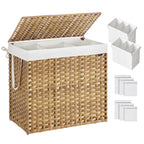 SONGMICS Laundry Hamper with Lid, 130L Double Wicker Basket, 6 Mesh Bags