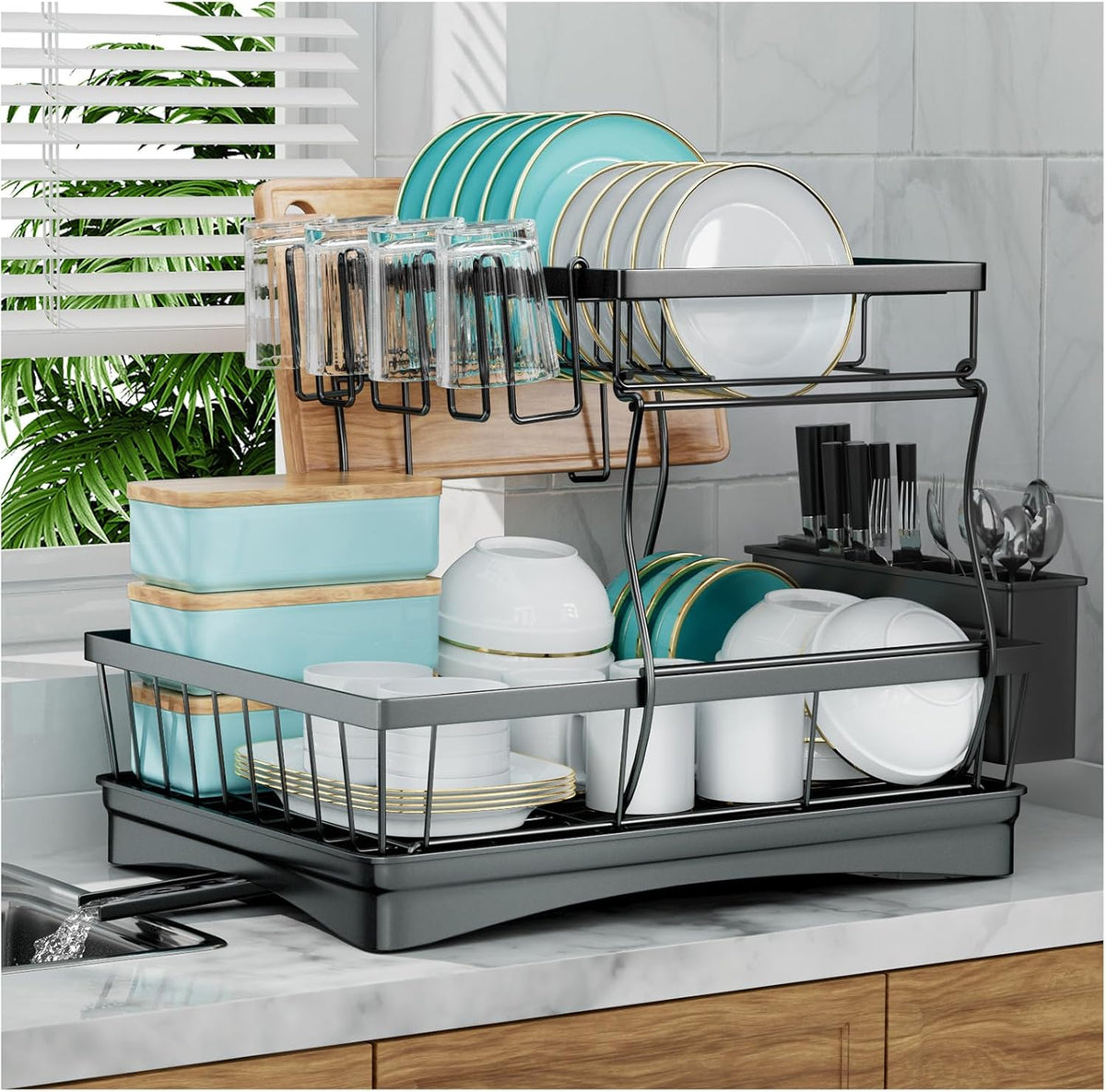 7 code 2-Tier Large Dish Drying Rack for Kitchen Counter, Black