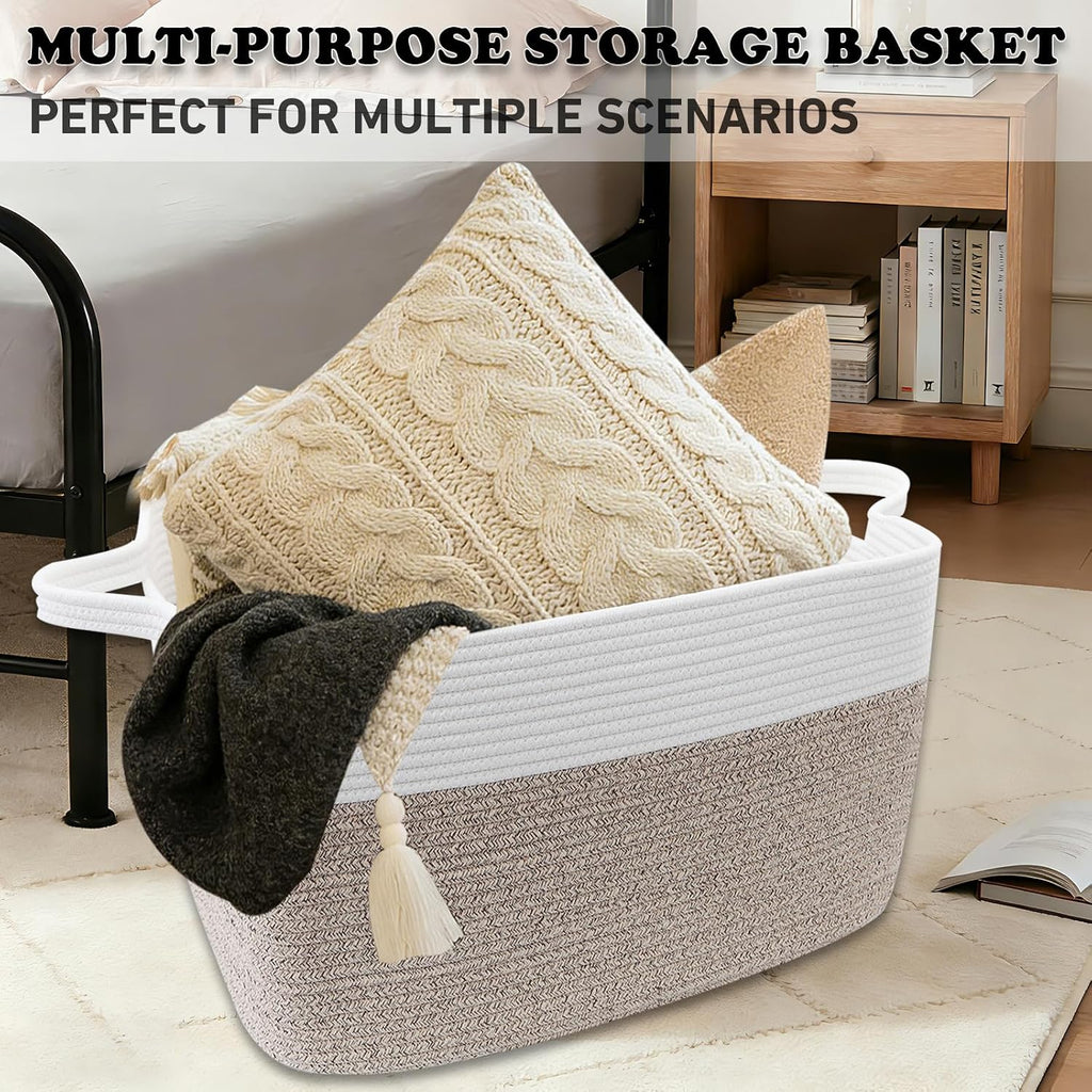 65L Laundry Basket with Handles, Woven Blanket Basket, White/Brown