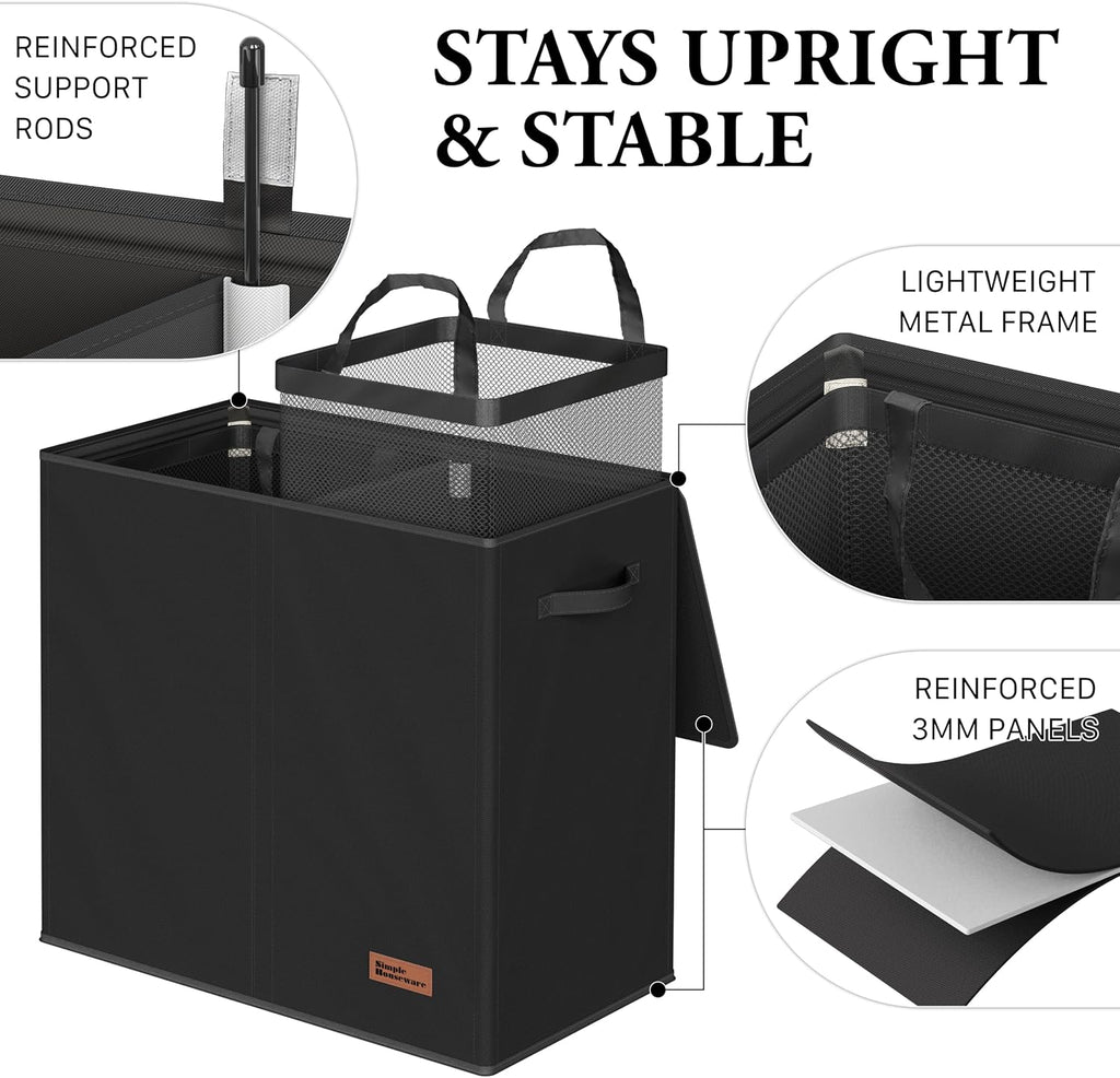 Simple Houseware Double Laundry Hamper with Lid & Removable Bags, Black
