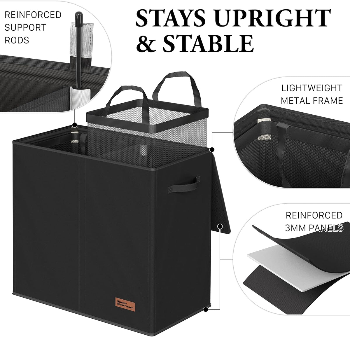 Simple Houseware Double Laundry Hamper with Lid & Removable Bags, Black